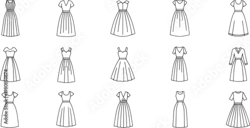 Black and white of 15 women in various dresses and poses fashion