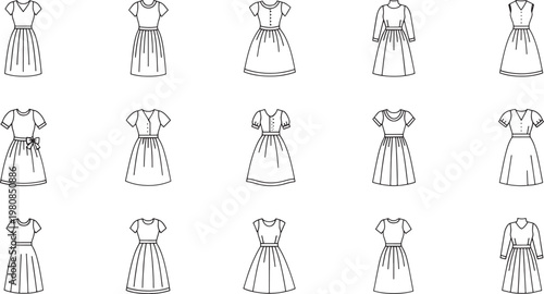 Black and white line of women in various dresses and skirts line women fashion