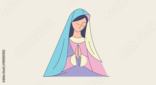 Serene minimalist illustration of the Virgin Mary in prayer, featuring soft pastel colors and a peaceful aesthetic for spiritual designs.