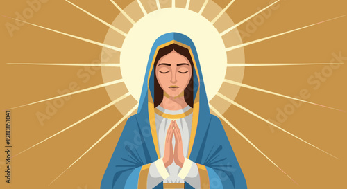 A serene flat vector illustration of the Virgin Mary in prayer, featuring a golden halo and radiant background.