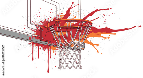 Vibrant illustration of a basketball hoop with an explosive red and orange paint splash, symbolizing energy and passion for the game.