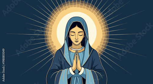 A serene vector illustration of the Virgin Mary praying, adorned with a radiant golden halo against a deep blue backdrop, symbolizing faith and peace.