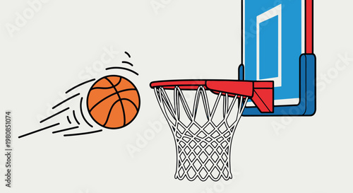 Dynamic flat illustration of a basketball flying toward the hoop, representing sports goals and success. Minimalist style on white background.