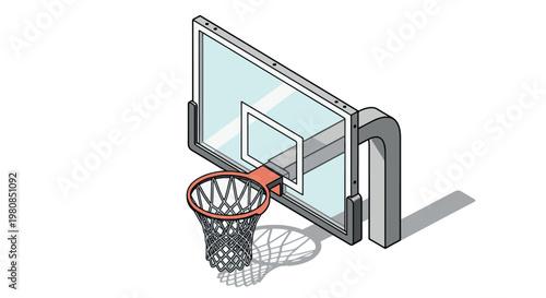 Modern isometric basketball hoop with a transparent backboard and orange rim, ideal for sports and goal-oriented designs.