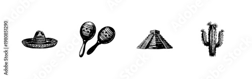 Mexican Cultural Heritage Elements and Traditional Symbols with Hand-Drawn Inky Doodle and Organic Pen Doodle Strokes