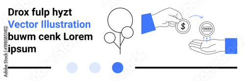 Hand holding coins next to another hand exchanging for token, minimal shapes and blue details. Ideal for fintech, investment, blockchain, currency exchange, savings, banking, simple landing page