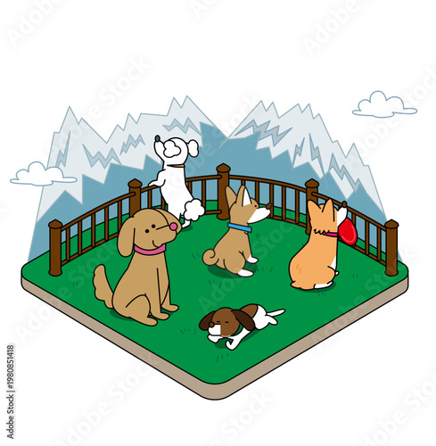 ドッグランで遊んだりくつろいだりする犬たちのアイソメトリックイラスト
