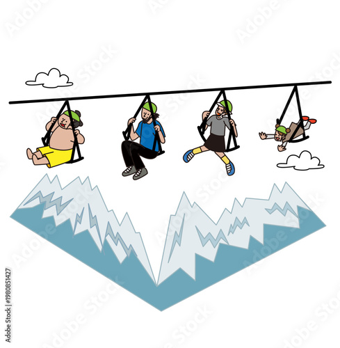 ジップラインを楽しむ人たちのシンプルなイラスト