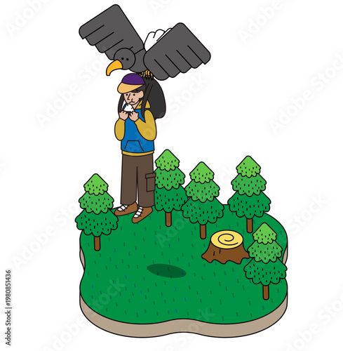 ワシを肩に乗せた人物を描いたユーモラスなイラスト