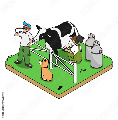 牧場で牛乳を飲んだり乳しぼり体験をする人たちのアイソメトリックイラスト