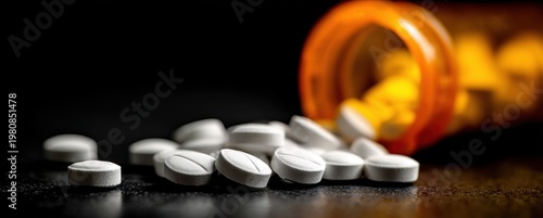 White pills spilling from an orange prescription bottle onto a reflective surface