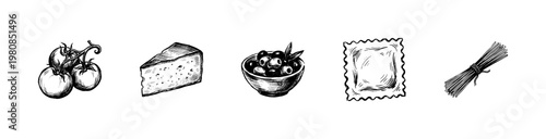 Italian Cuisine Ingredients and Mediterranean Food Elements with Hand-Drawn Inky Brush Strokes and Organic Sketchy Detail