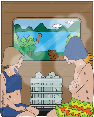 湖を眺めながら汗を流すサウナ室のユーモラスなイラスト