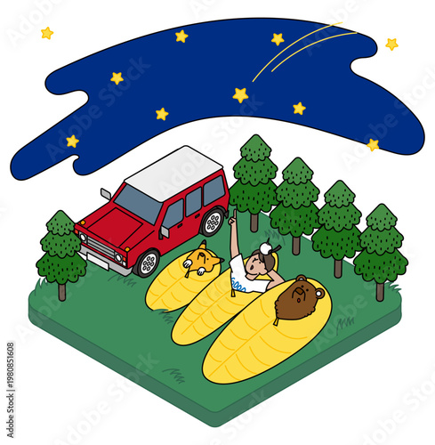 星空を眺めながら寝転ぶアウトドアシーンのアイソメトリックイラスト