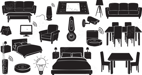 Smart home devices and furniture icons in black and white