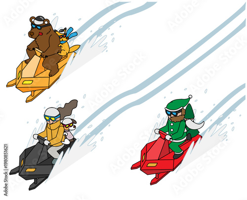 サンタや動物たちがスノーモービルで走る冬のイラストセット