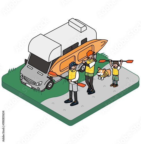 カヤック遊びの準備をするキャンピングカーと家族のイラスト