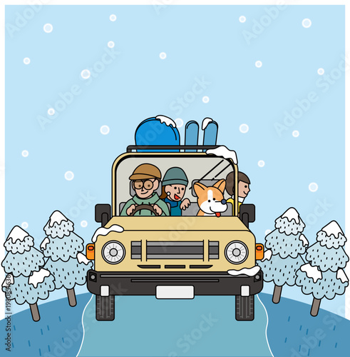 雪道を走る車と家族と犬の冬のドライブイラスト