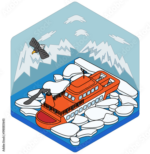 流氷の海を進む砕氷船のアイソメトリックイラスト