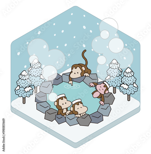 雪の中で温泉に入る猿たちのかわいいアイソメトリックイラスト