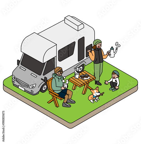 キャンピングカーのそばでくつろぐ家族のアウトドアイラスト