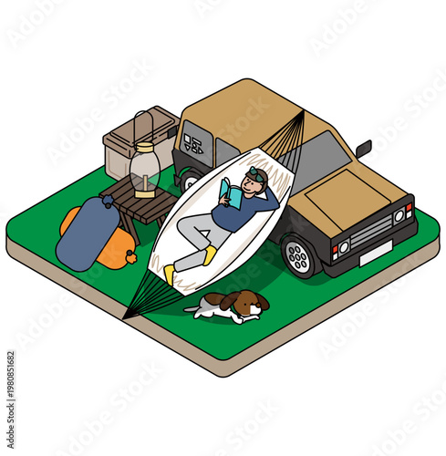 車のそばのハンモックで読書を楽しむアウトドアイラスト