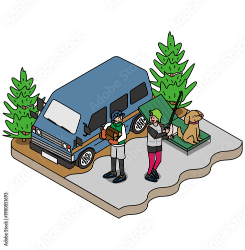 車のそばで釣りの準備をするアウトドアイラスト