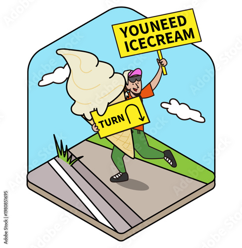 アイスクリームの看板を持って案内するポップな人物イラスト
