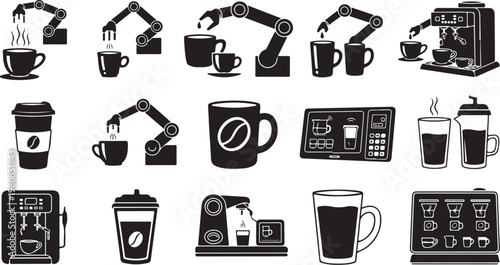 Coffee and robotic arms in black and white icons