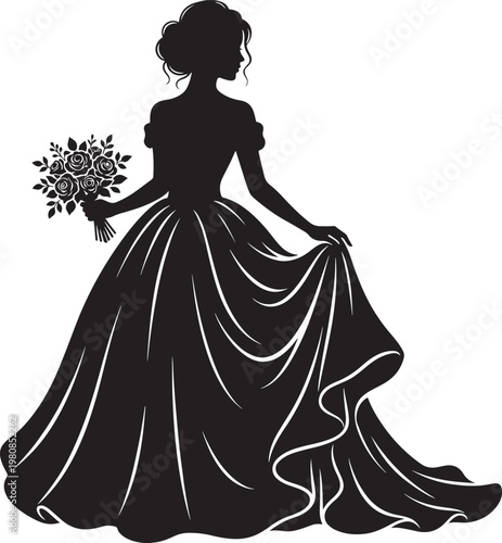 Elegant Woman Silhouette in Ball Gown Holding Roses – Minimal Princess Style Vector Illustration