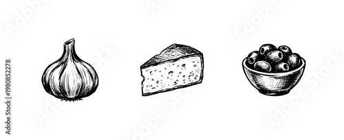 Italian Cuisine Cooking Ingredients and Mediterranean Food Elements with Hand-Drawn Engraving Style in Sketchy Sketch Style