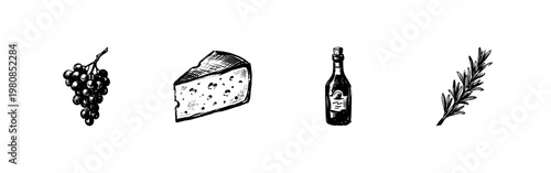 Wine Tasting and Appetizer Gourmet Elements with Hand-Drawn Inky Doodle and Vintage Calligraphic Style