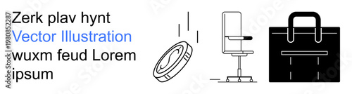 Business tools, corporate identity, office settings, professional resources, financial services, workplace essentials. a falling coin, office chair and briefcase in clean style. Business tools