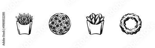 Fast Food and Junk Food Gastronomy Elements with Imperfect Hand-Drawn Ink Doodles and Clumsy Doodle Aesthetic.