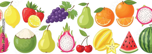 Assorted Fresh Fruits Set with Lemons, Strawberries, Grapes, Pears, Watermelon, and Exotic Fruits for Food, Health, and Beverage Designs, Vector Art for Digital and Print Projects
