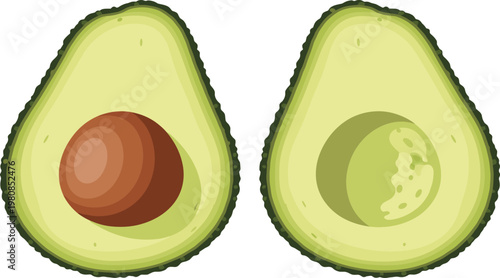 Cartoon Avocado Halves with Visible Pit and Removed Pit for Use in Digital Media, Food Illustrations, and Healthy Lifestyle Designs