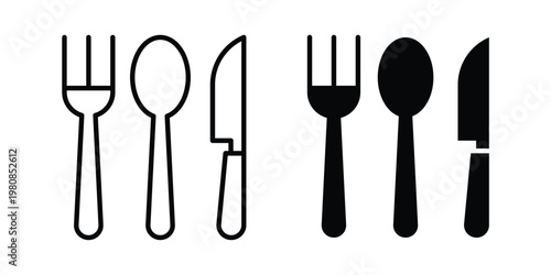 Knife, fork and spoon icon vector symbol in black filled and stroke style