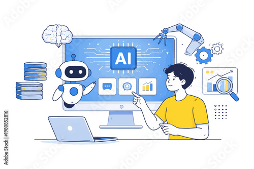 AI Technology Interface with Human Interaction, Clean Flat Vector Illustration