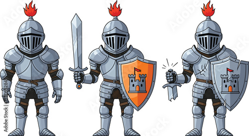 Cartoon Knight in Armor with Shield, Sword, and Castle Emblem, Featuring Various Poses for Use in Digital Media, Apps, and Illustrations
