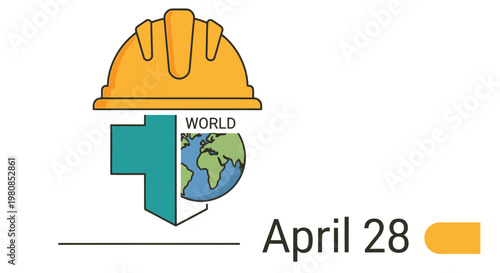 Construction helmet illustration with a world map and the date april 28th