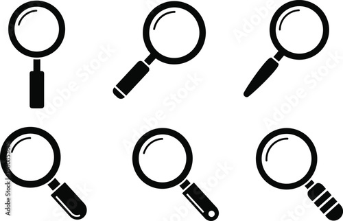 Magnifying Glass Icon Set with Different Angles and Styles, Search Zoom Symbols for Investigation, Analysis, Inspection, Research Tools, and User Interface Design
