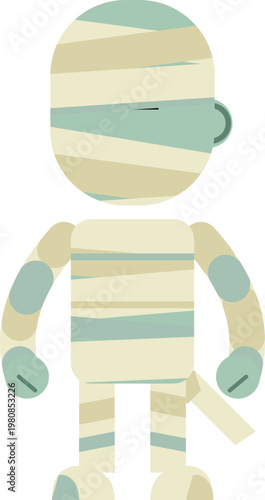 A stylized cartoon mummy character wrapped in light blue and beige bandages, standing upright.