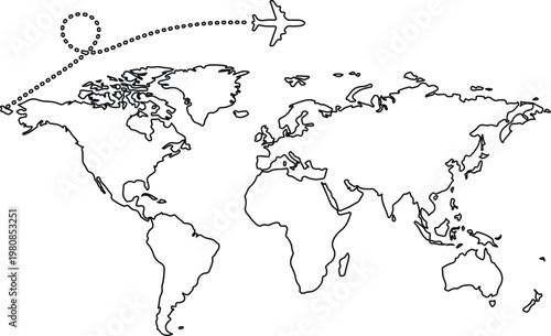 Hand drawn white map and flight path airplane