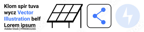 Renewable energy, technology sharing, clean power, eco-friendly solutions, sustainability, energy innovation. Solar panel, sharing icon and lightning symbol. Renewable energy and technology sharing