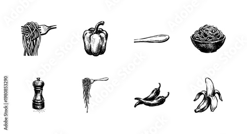 Pasta Cooking and Kitchen Ingredient Elements with Fluid Engraving Style and Hand-Drawn Sketchy Style