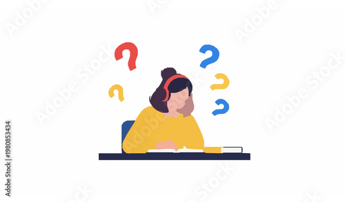 Foto Young girl student with headphones sitting at desk with many question marks arou