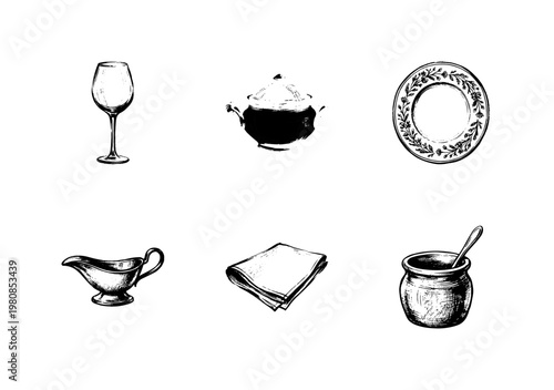 Dining Tableware and Fine Dining Kitchen Utensils with Inky Hand-Drawn Brush Strokes and Calligraphic Flourishes