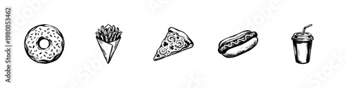 Fast Food and Junk Food Gastronomy Elements with Hand-Drawn Inky Doodle and Chalkboard Style Graphics for Restaurant Menu Design