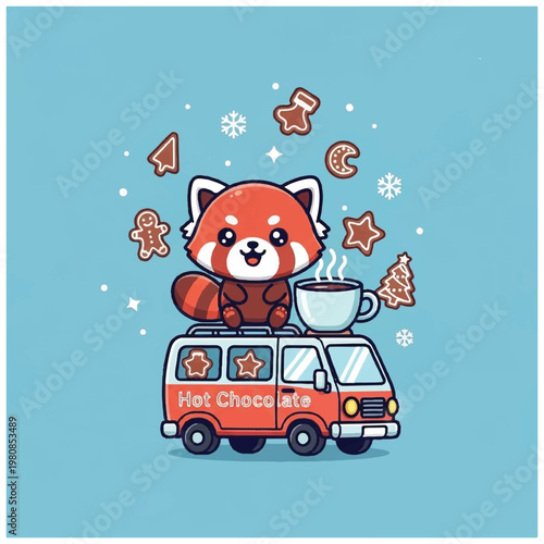 Cartoon Red Panda on Van Roof.