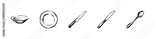 Kitchen Utensils and Dining Tableware Collection with Sketchy Engraving Style and Hand-Drawn Watercolor Aesthetic